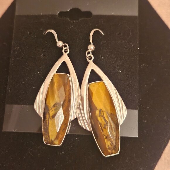 1980s Tigers Eye and Sterling Silver Dangle Earrings - Picture 1 of 3